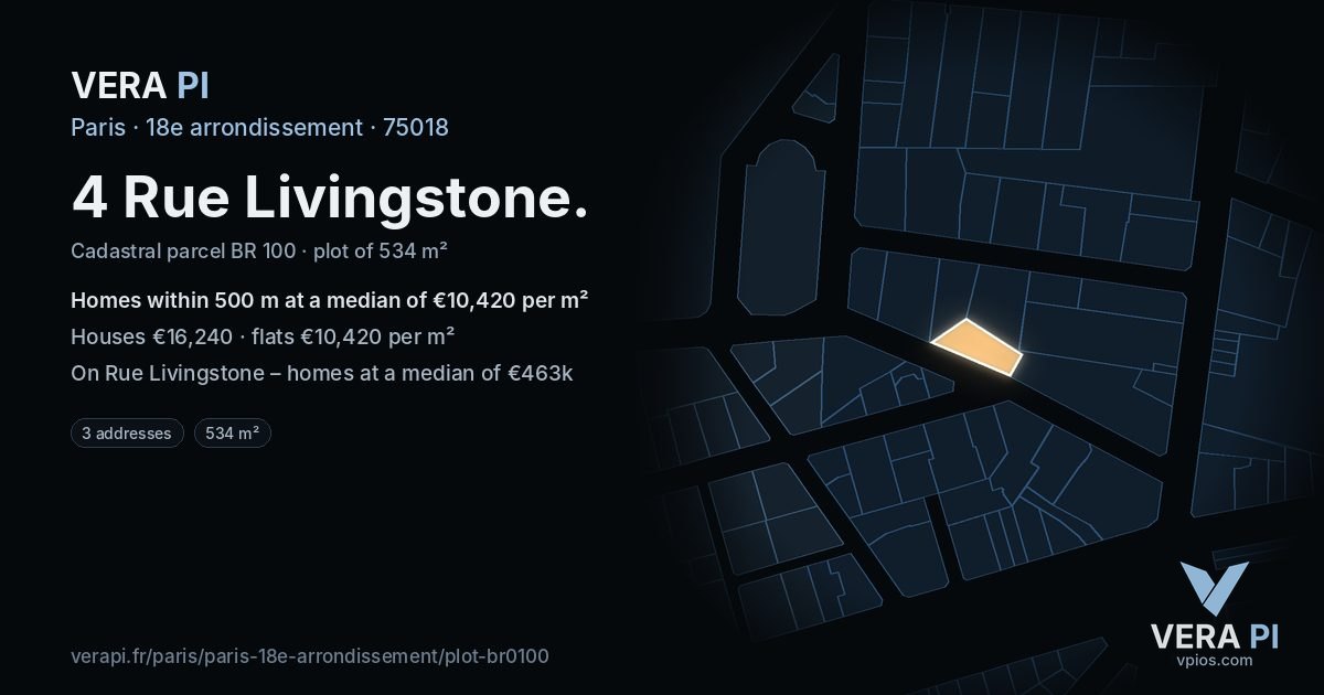 4 Rue Livingstone, 18e arrondissement at night – the plot lit, the parcels around coloured by the prices near them