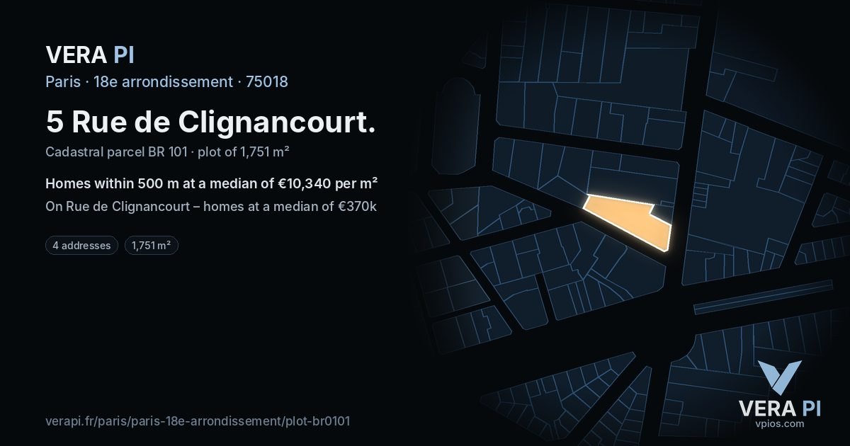 5 Rue de Clignancourt, 18e arrondissement at night – the plot lit, the parcels around coloured by the prices near them