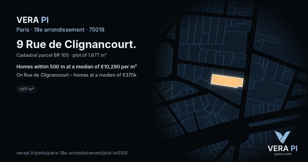 9 Rue de Clignancourt, 18e arrondissement at night – the plot lit, the parcels around coloured by the prices near them