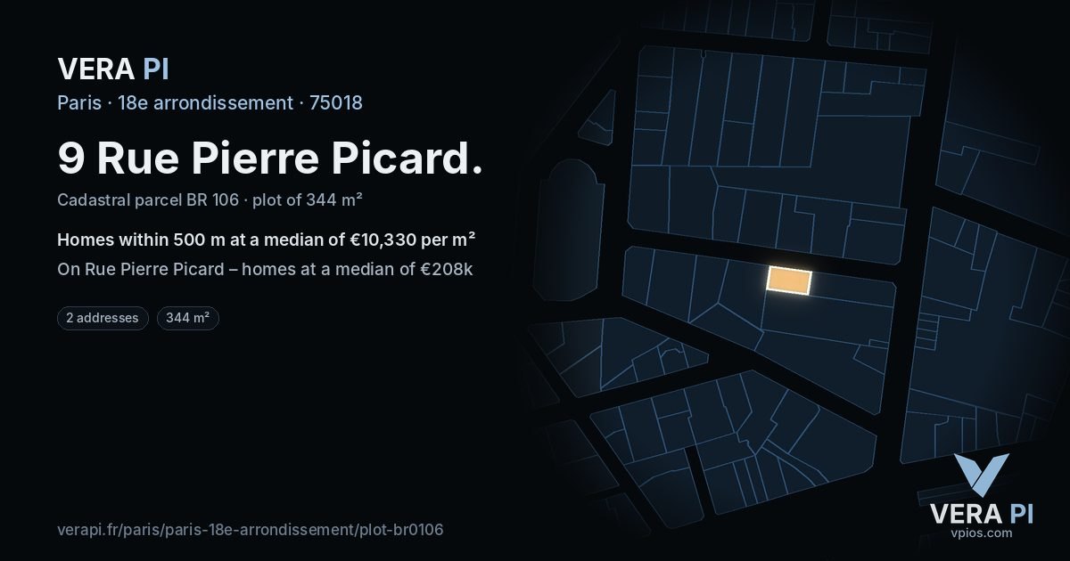 9 Rue Pierre Picard, 18e arrondissement at night – the plot lit, the parcels around coloured by the prices near them