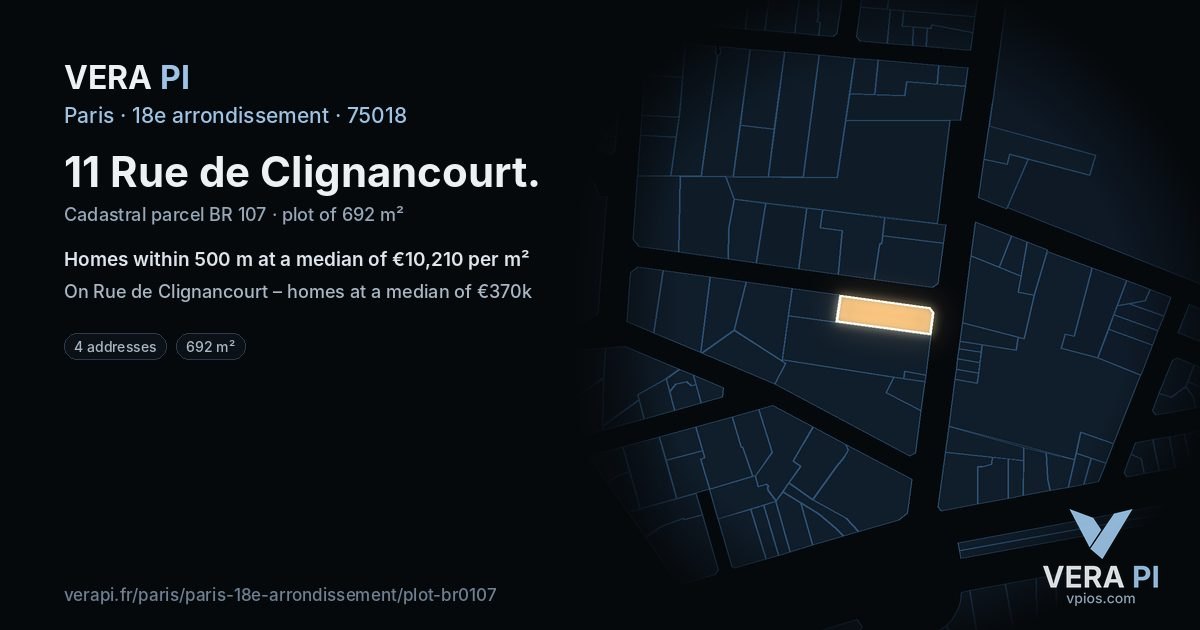 11 Rue de Clignancourt, 18e arrondissement at night – the plot lit, the parcels around coloured by the prices near them