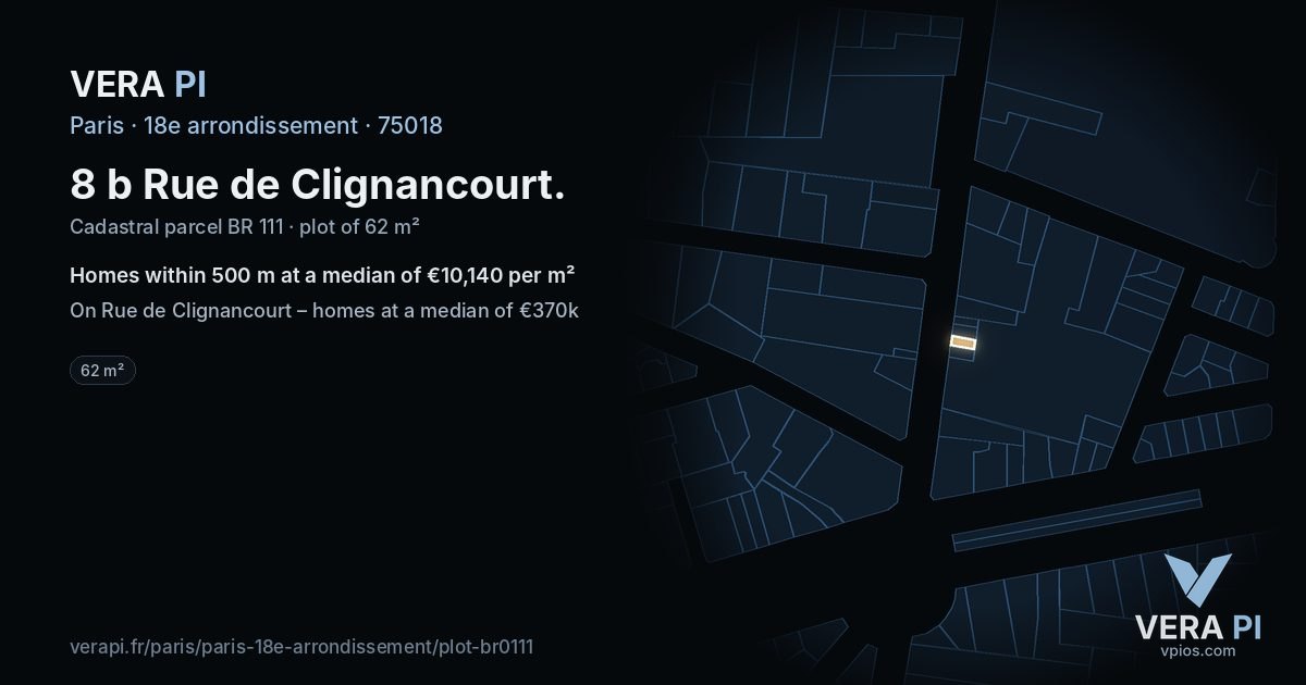 8 b Rue de Clignancourt, 18e arrondissement at night – the plot lit, the parcels around coloured by the prices near them