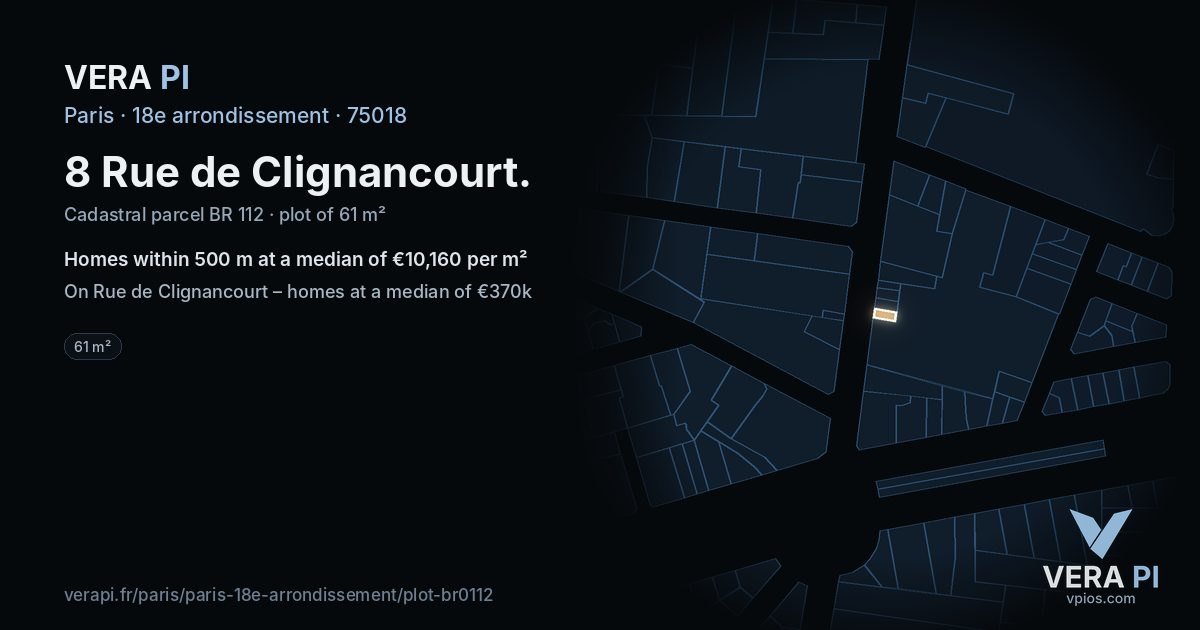 8 Rue de Clignancourt, 18e arrondissement at night – the plot lit, the parcels around coloured by the prices near them