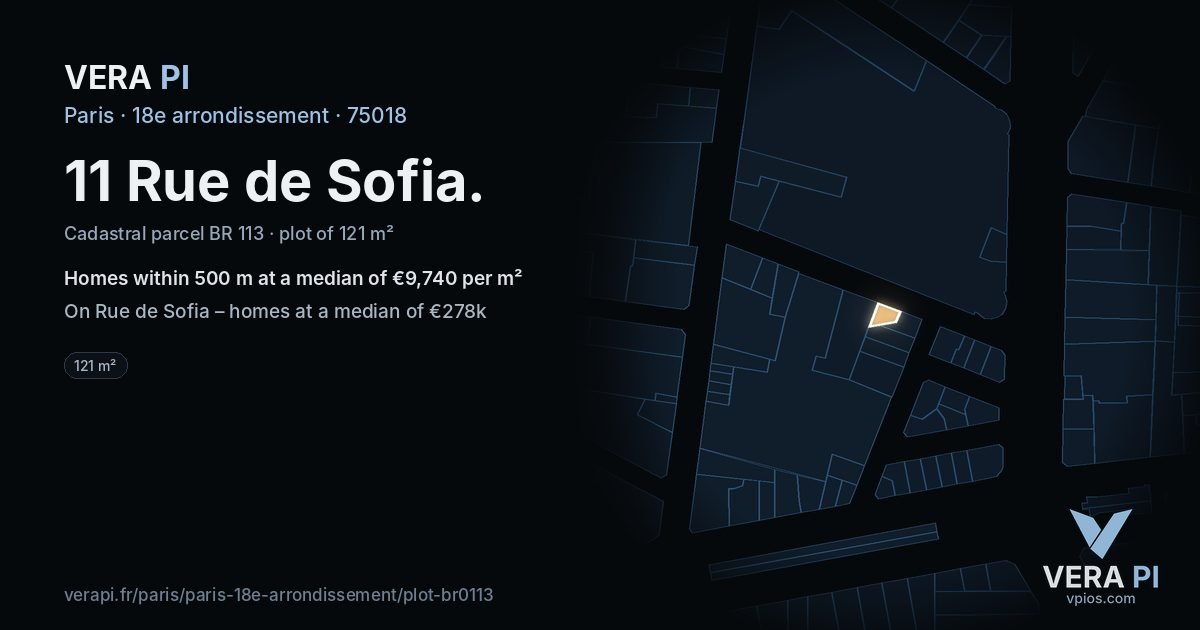 11 Rue de Sofia, 18e arrondissement at night – the plot lit, the parcels around coloured by the prices near them