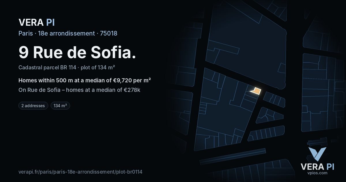 9 Rue de Sofia, 18e arrondissement at night – the plot lit, the parcels around coloured by the prices near them