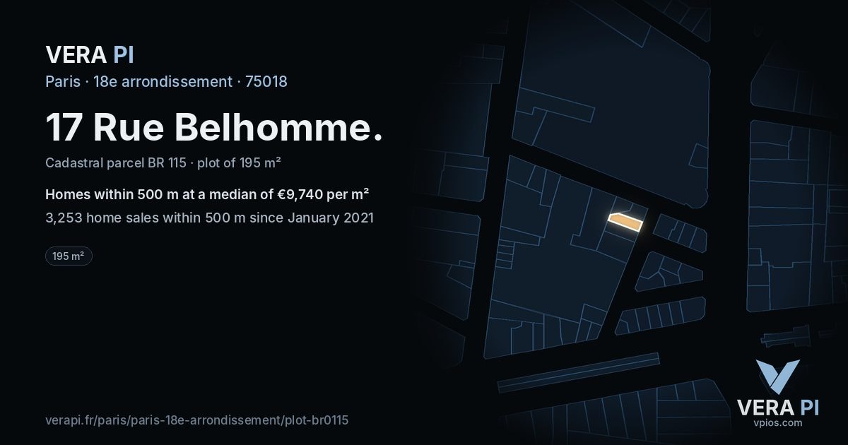 17 Rue Belhomme, 18e arrondissement at night – the plot lit, the parcels around coloured by the prices near them