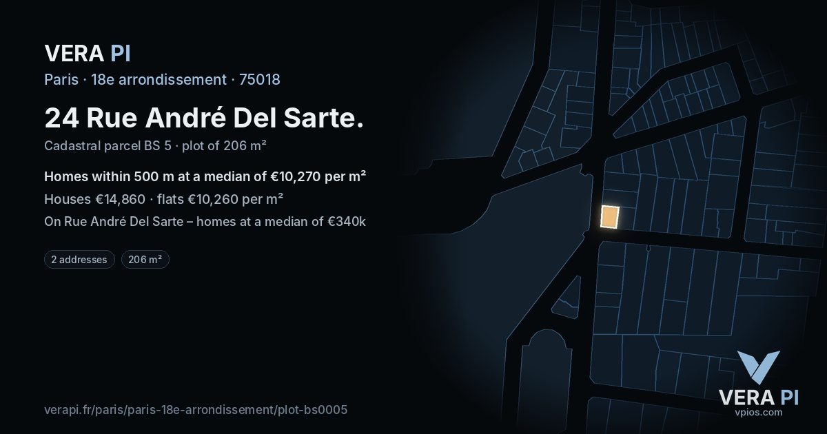 24 Rue André Del Sarte, 18e arrondissement at night – the plot lit, the parcels around coloured by the prices near them