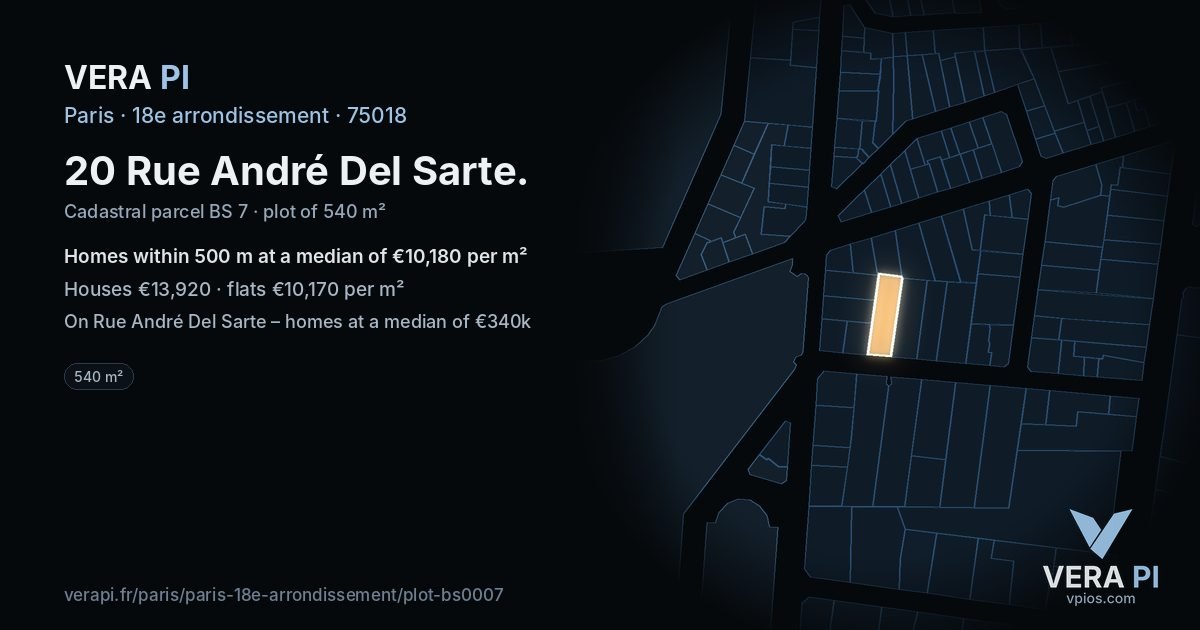 20 Rue André Del Sarte, 18e arrondissement at night – the plot lit, the parcels around coloured by the prices near them