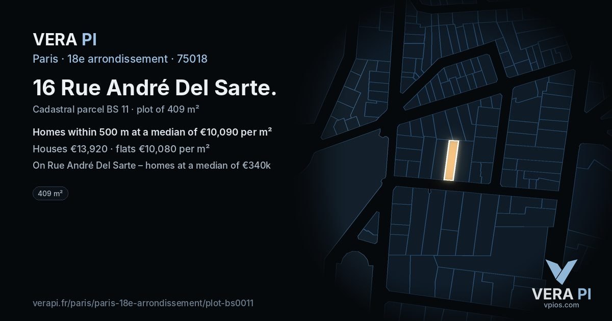 16 Rue André Del Sarte, 18e arrondissement at night – the plot lit, the parcels around coloured by the prices near them