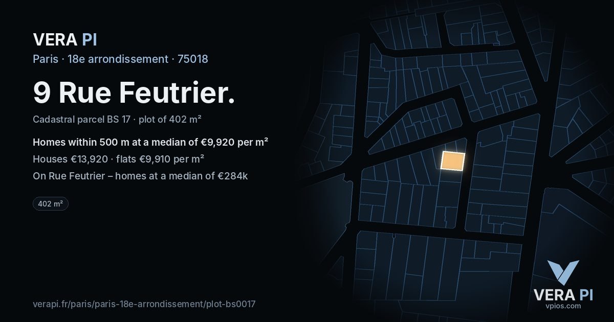 9 Rue Feutrier, 18e arrondissement at night – the plot lit, the parcels around coloured by the prices near them