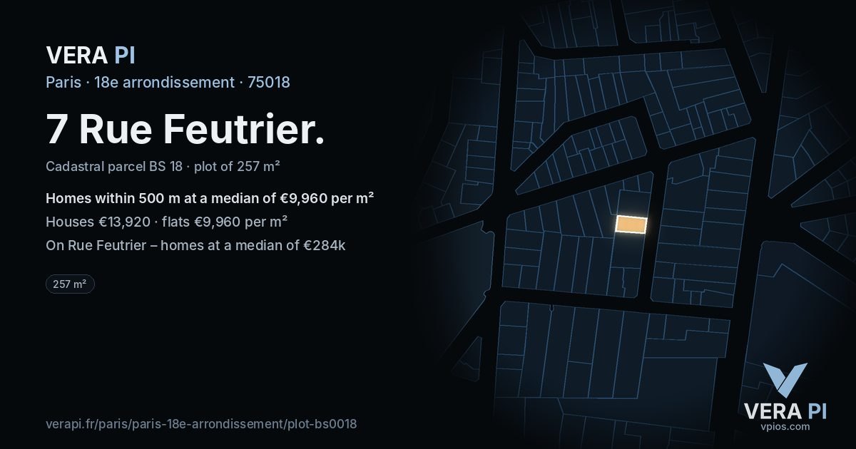 7 Rue Feutrier, 18e arrondissement at night – the plot lit, the parcels around coloured by the prices near them