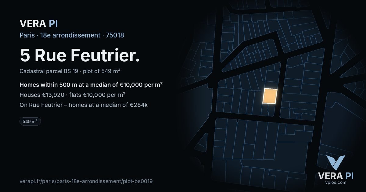 5 Rue Feutrier, 18e arrondissement at night – the plot lit, the parcels around coloured by the prices near them