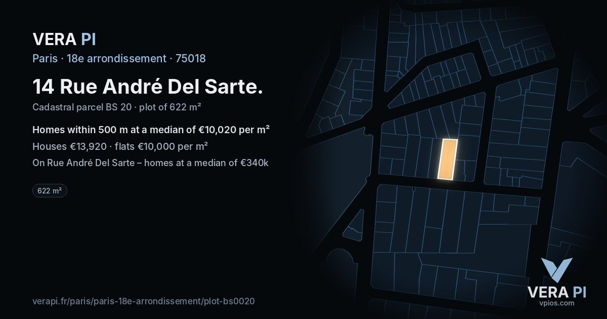 14 Rue André Del Sarte, 18e arrondissement at night – the plot lit, the parcels around coloured by the prices near them