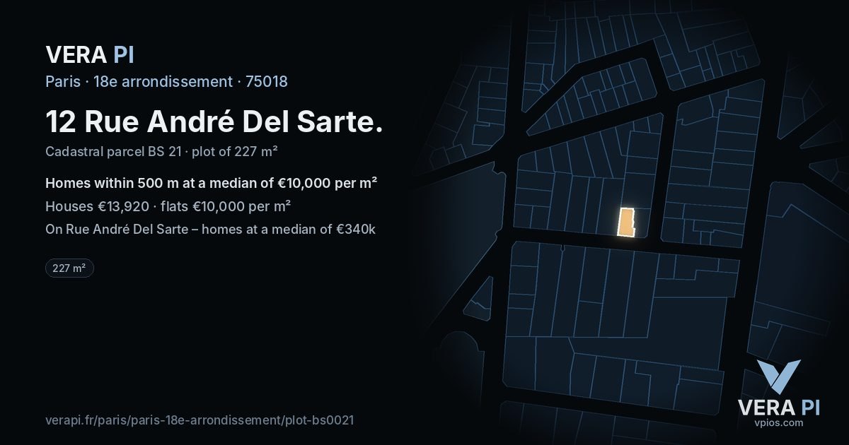 12 Rue André Del Sarte, 18e arrondissement at night – the plot lit, the parcels around coloured by the prices near them