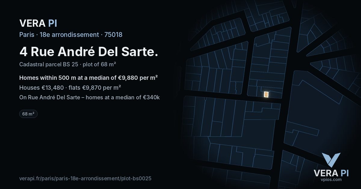 4 Rue André Del Sarte, 18e arrondissement at night – the plot lit, the parcels around coloured by the prices near them