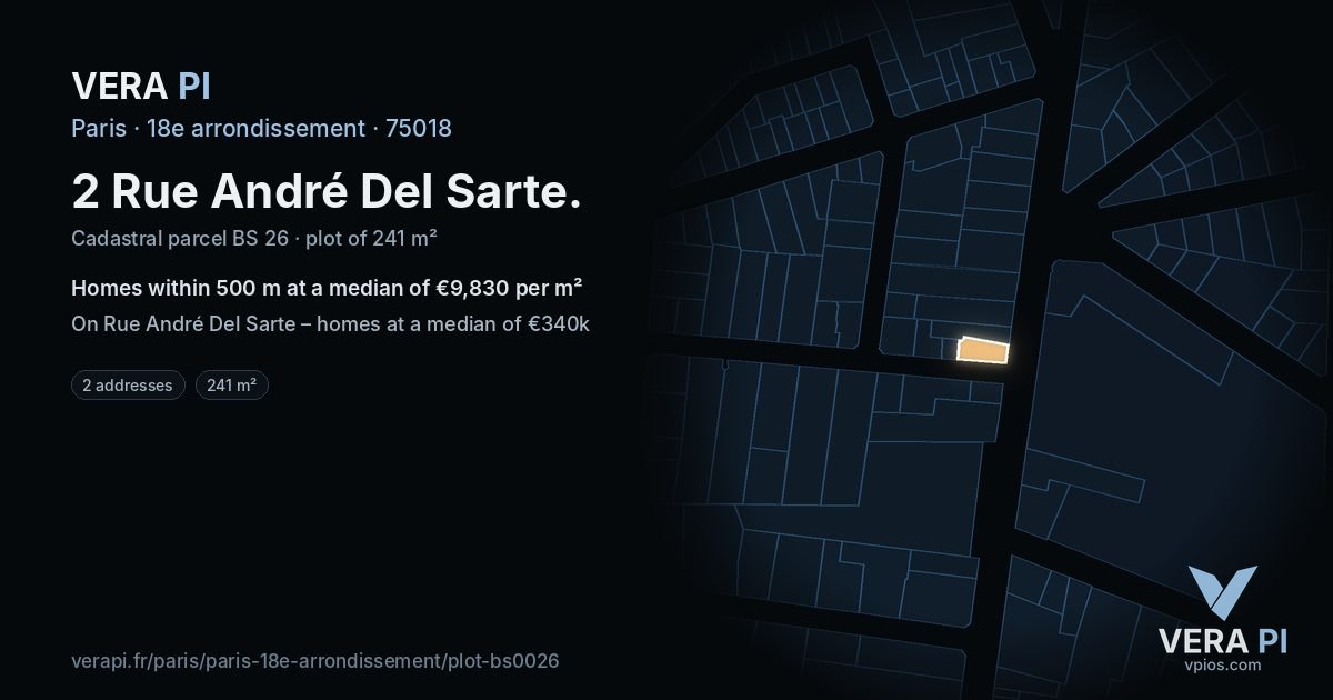 2 Rue André Del Sarte, 18e arrondissement at night – the plot lit, the parcels around coloured by the prices near them