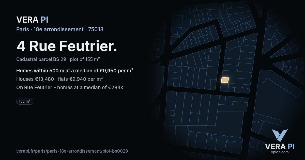 4 Rue Feutrier, 18e arrondissement at night – the plot lit, the parcels around coloured by the prices near them
