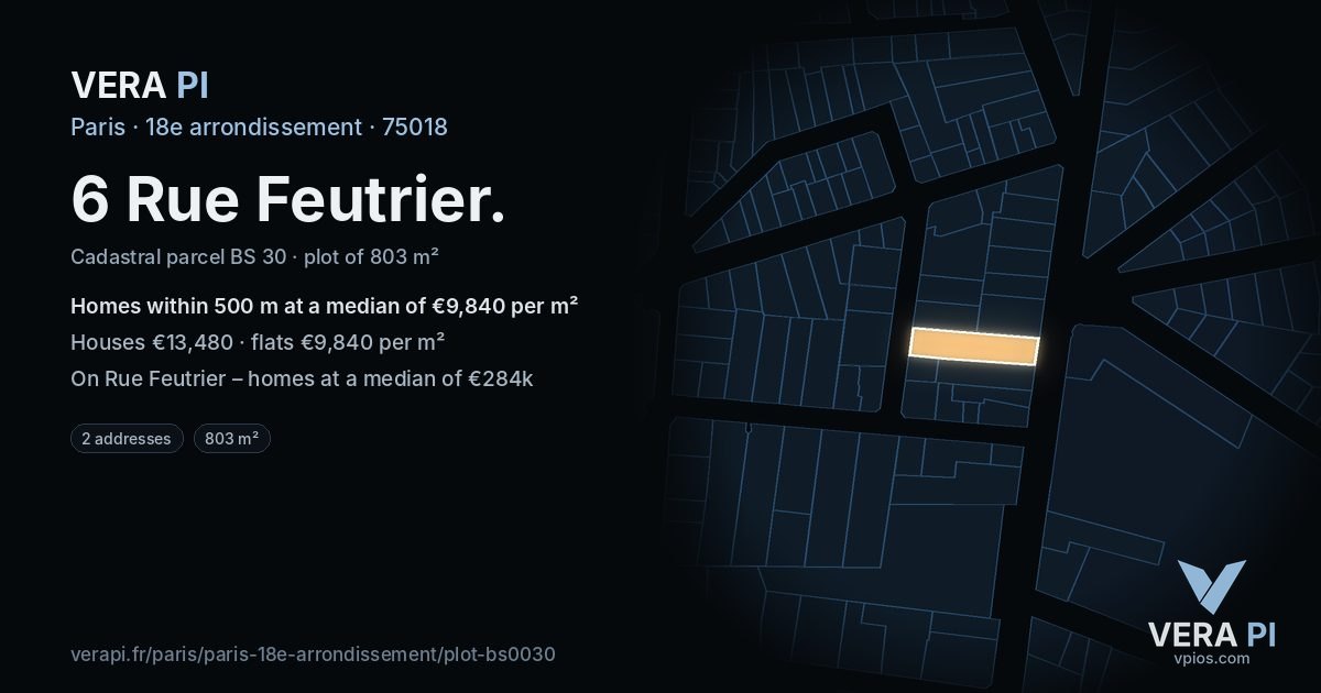 6 Rue Feutrier, 18e arrondissement at night – the plot lit, the parcels around coloured by the prices near them