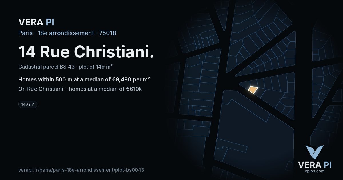 14 Rue Christiani, 18e arrondissement at night – the plot lit, the parcels around coloured by the prices near them