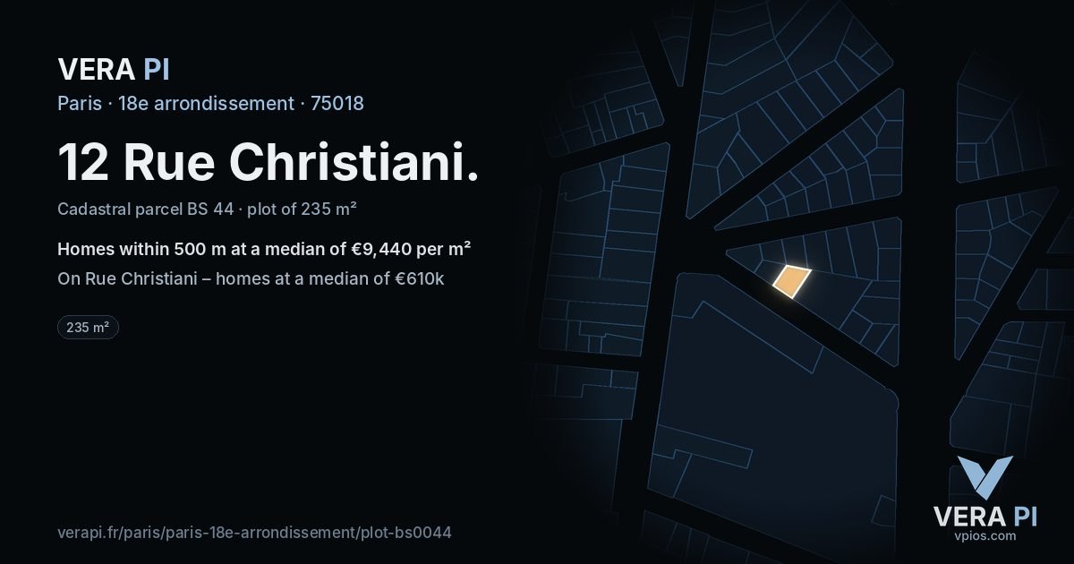 12 Rue Christiani, 18e arrondissement at night – the plot lit, the parcels around coloured by the prices near them