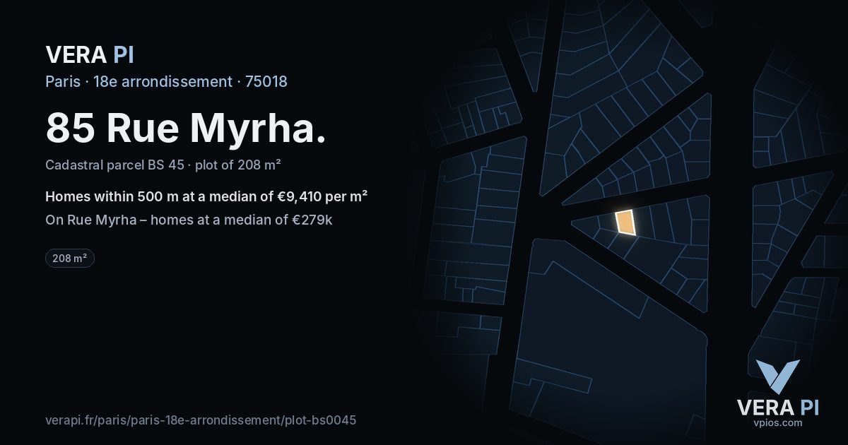 85 Rue Myrha, 18e arrondissement at night – the plot lit, the parcels around coloured by the prices near them