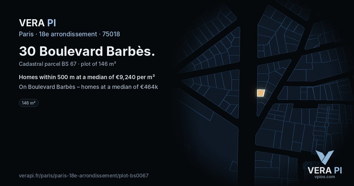 30 Boulevard Barbès, 18e arrondissement at night – the plot lit, the parcels around coloured by the prices near them