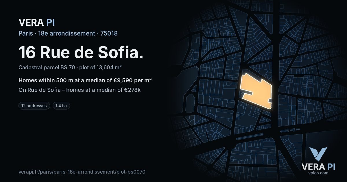 16 Rue de Sofia, 18e arrondissement at night – the plot lit, the parcels around coloured by the prices near them