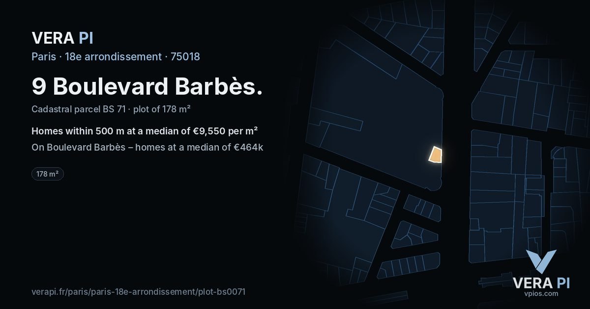 9 Boulevard Barbès, 18e arrondissement at night – the plot lit, the parcels around coloured by the prices near them