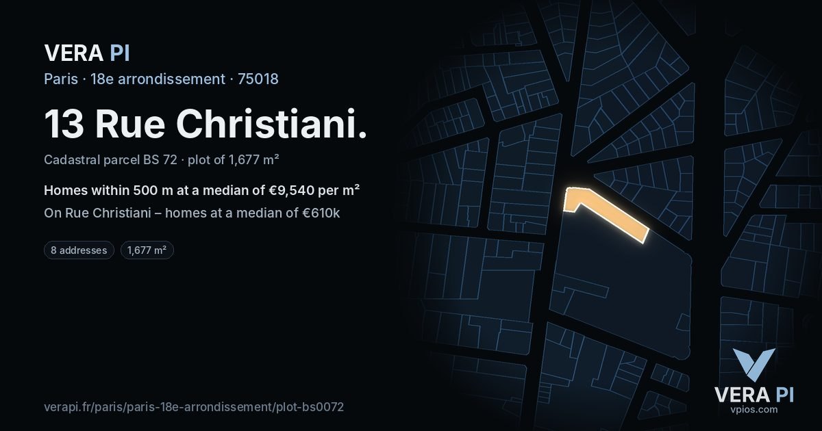 13 Rue Christiani, 18e arrondissement at night – the plot lit, the parcels around coloured by the prices near them