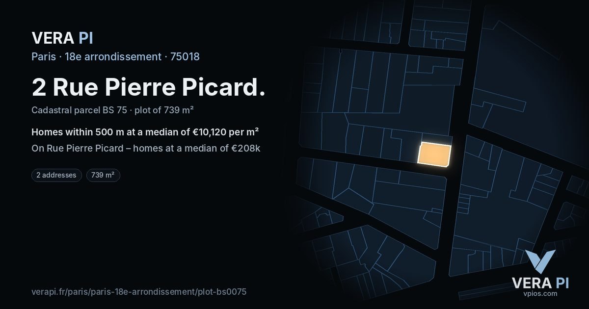 2 Rue Pierre Picard, 18e arrondissement at night – the plot lit, the parcels around coloured by the prices near them