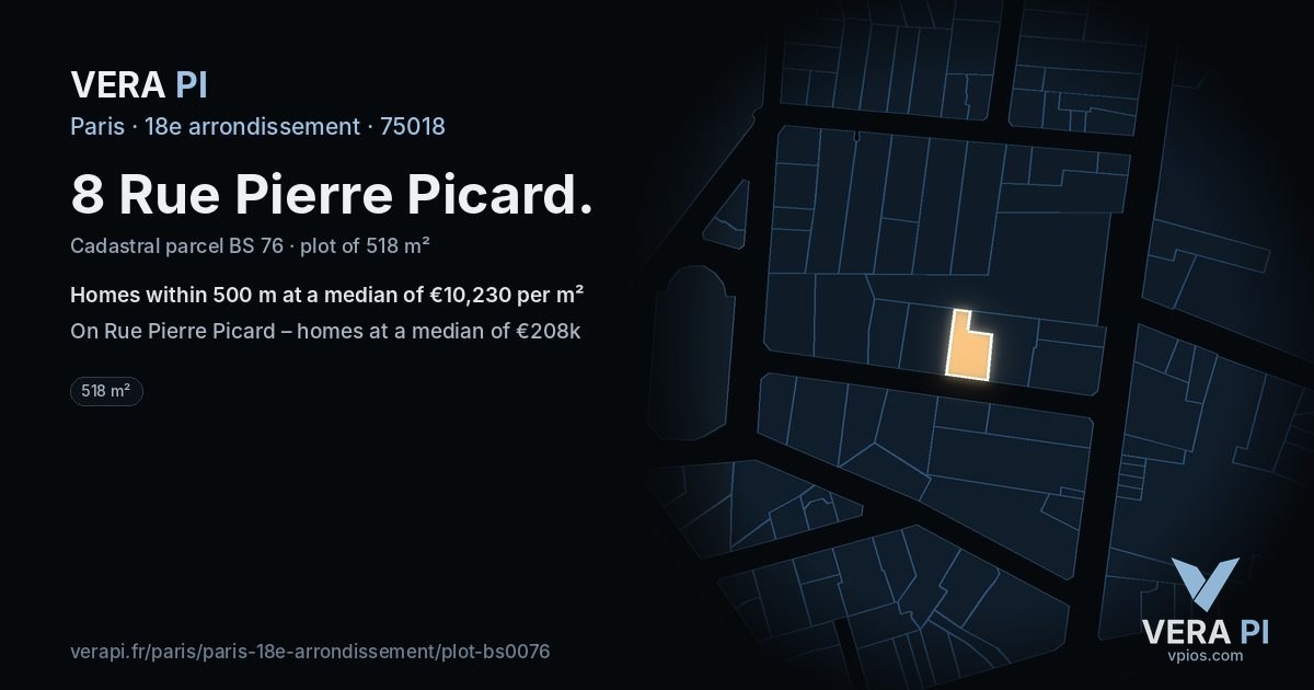 8 Rue Pierre Picard, 18e arrondissement at night – the plot lit, the parcels around coloured by the prices near them