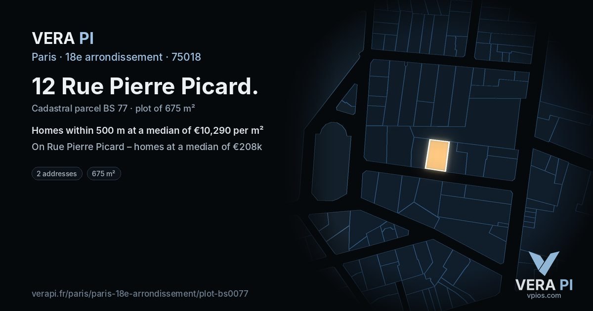 12 Rue Pierre Picard, 18e arrondissement at night – the plot lit, the parcels around coloured by the prices near them