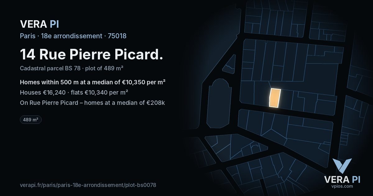 14 Rue Pierre Picard, 18e arrondissement at night – the plot lit, the parcels around coloured by the prices near them