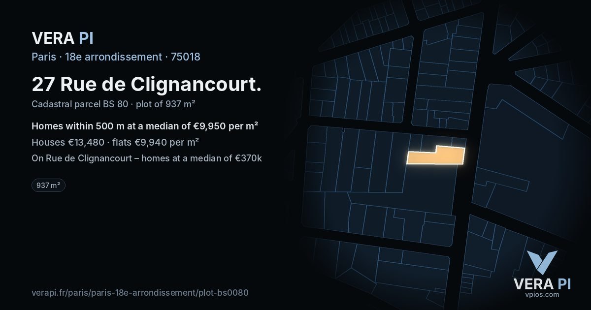 27 Rue de Clignancourt, 18e arrondissement at night – the plot lit, the parcels around coloured by the prices near them