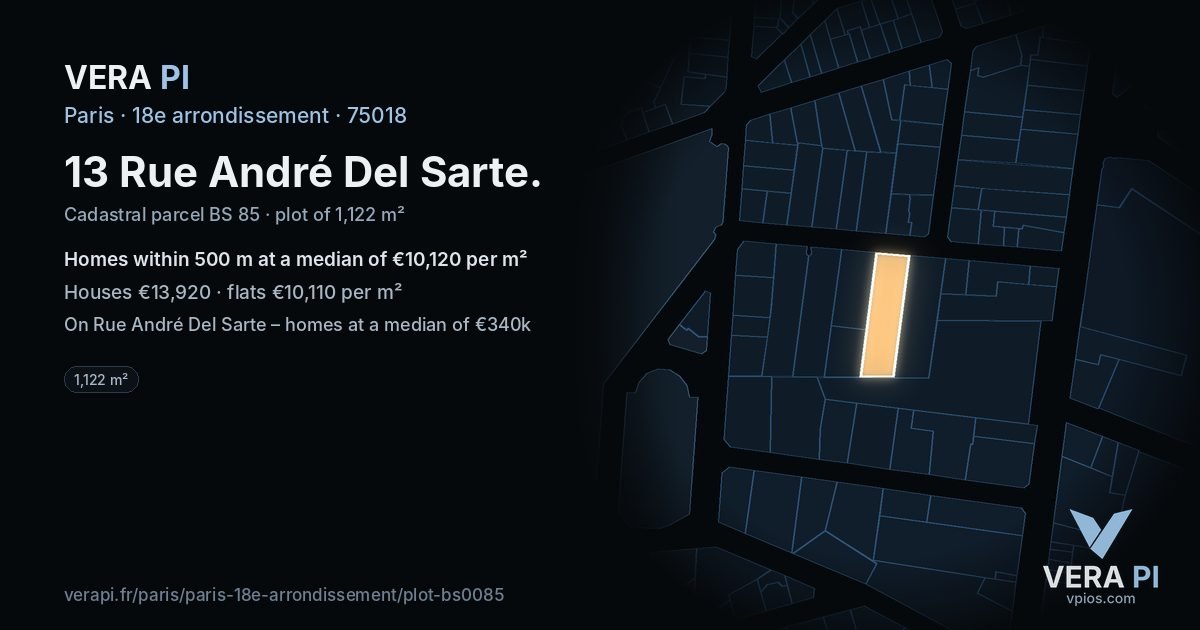 13 Rue André Del Sarte, 18e arrondissement at night – the plot lit, the parcels around coloured by the prices near them