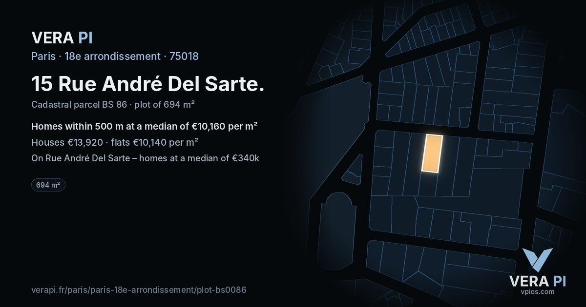 15 Rue André Del Sarte, 18e arrondissement at night – the plot lit, the parcels around coloured by the prices near them