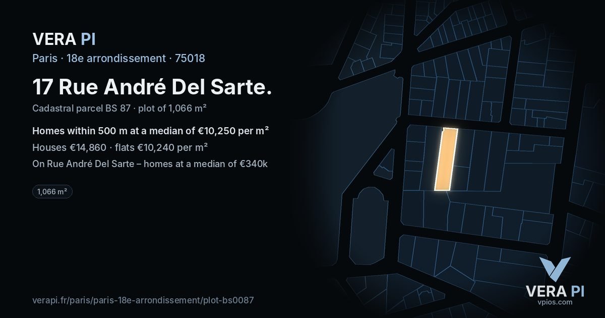 17 Rue André Del Sarte, 18e arrondissement at night – the plot lit, the parcels around coloured by the prices near them