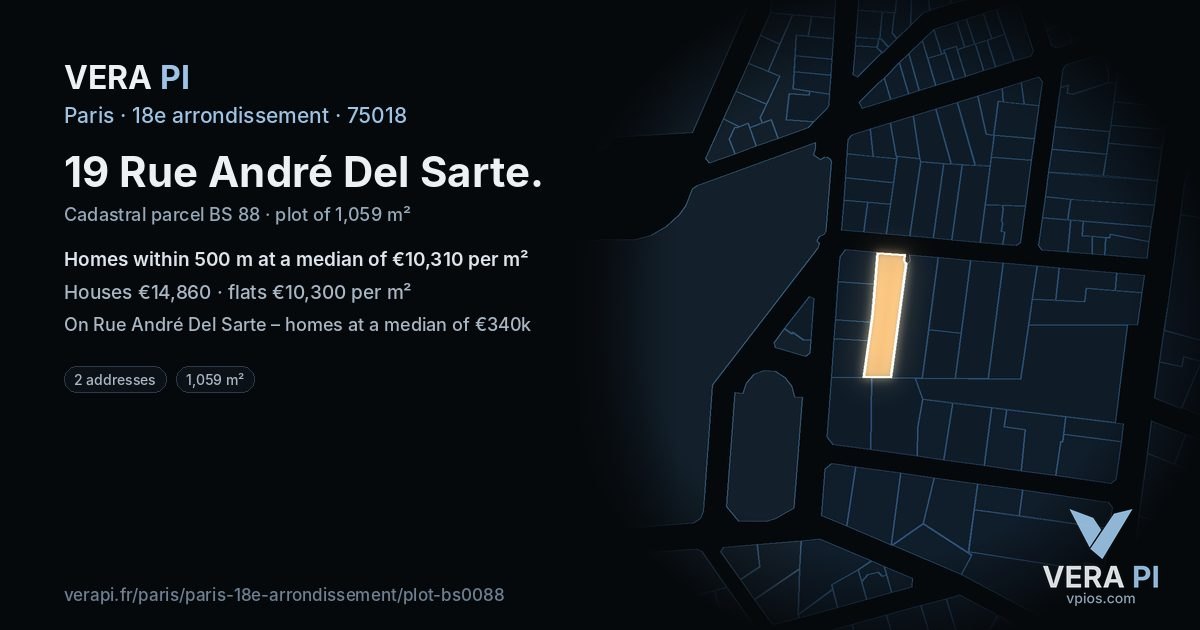 19 Rue André Del Sarte, 18e arrondissement at night – the plot lit, the parcels around coloured by the prices near them
