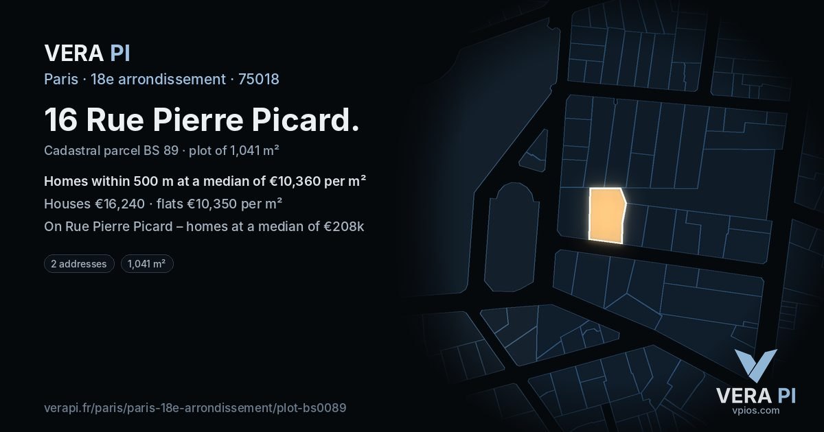 16 Rue Pierre Picard, 18e arrondissement at night – the plot lit, the parcels around coloured by the prices near them