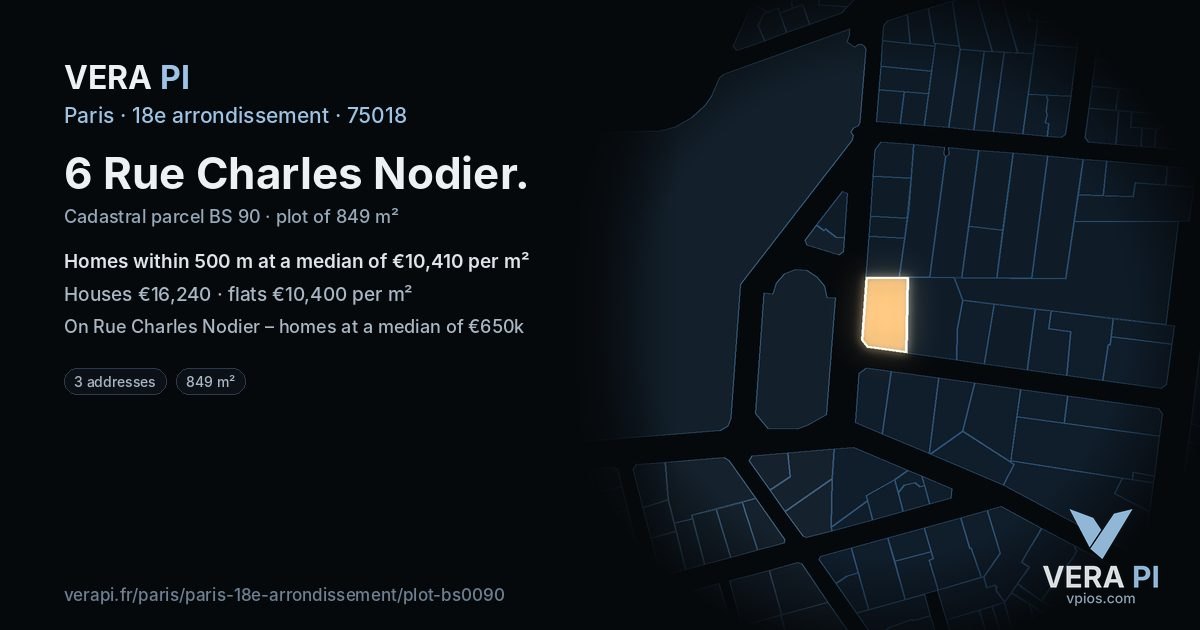 6 Rue Charles Nodier, 18e arrondissement at night – the plot lit, the parcels around coloured by the prices near them