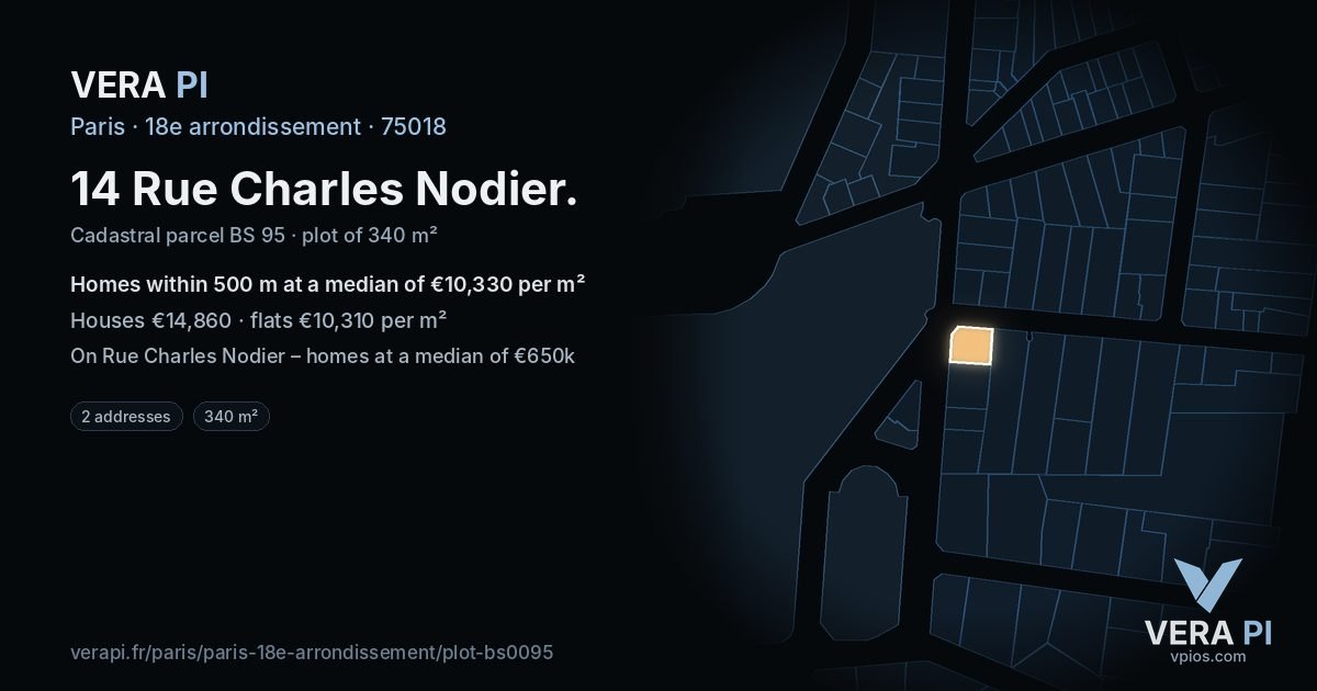 14 Rue Charles Nodier, 18e arrondissement at night – the plot lit, the parcels around coloured by the prices near them