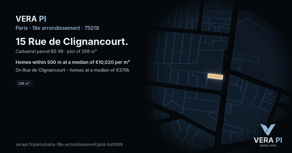 15 Rue de Clignancourt, 18e arrondissement at night – the plot lit, the parcels around coloured by the prices near them