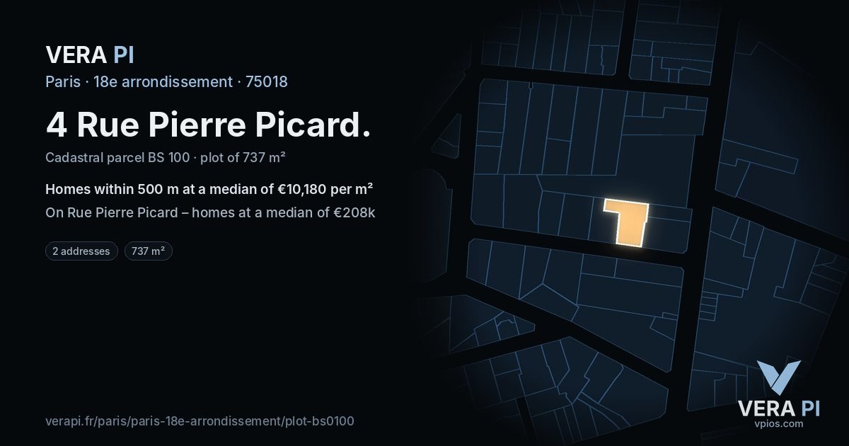 4 Rue Pierre Picard, 18e arrondissement at night – the plot lit, the parcels around coloured by the prices near them