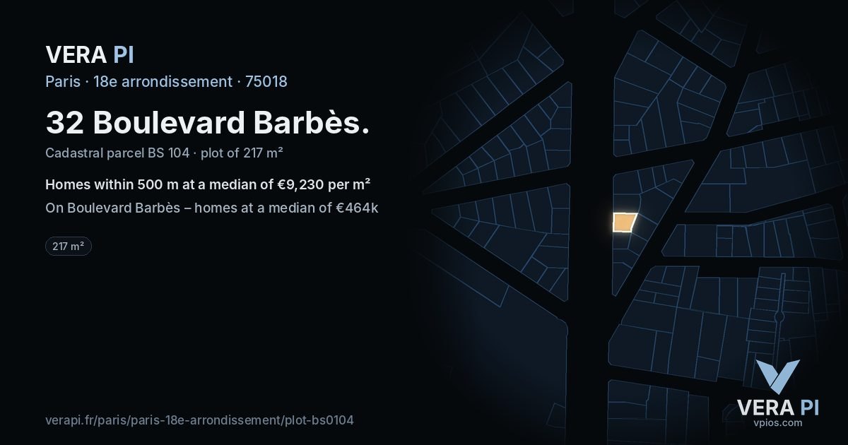 32 Boulevard Barbès, 18e arrondissement at night – the plot lit, the parcels around coloured by the prices near them