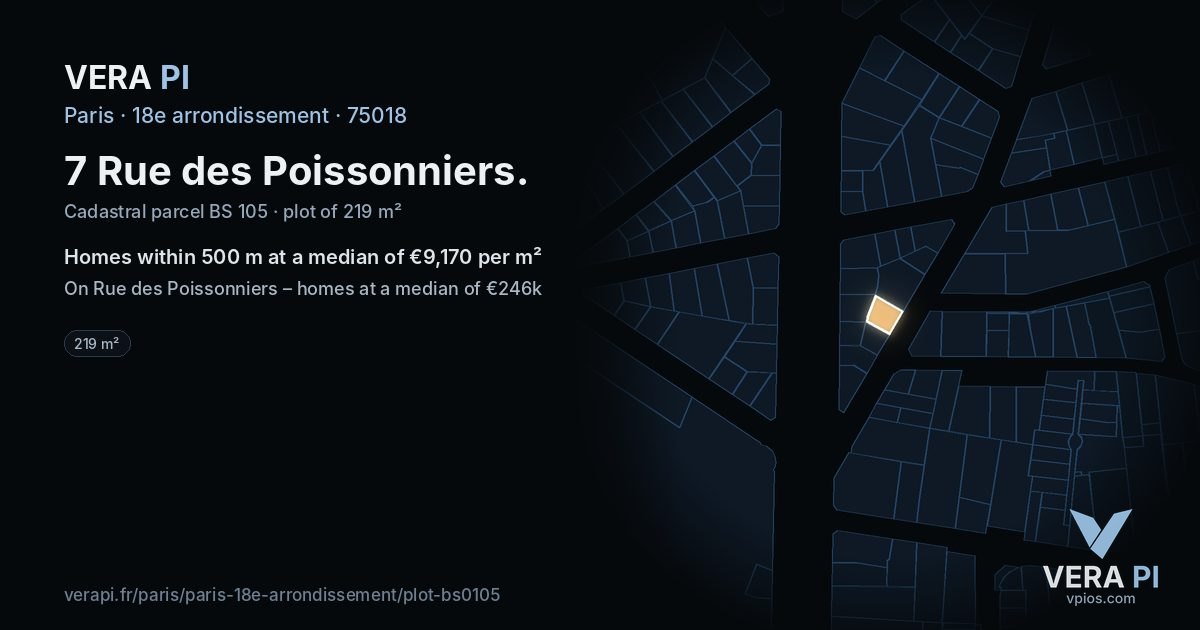 7 Rue des Poissonniers, 18e arrondissement at night – the plot lit, the parcels around coloured by the prices near them