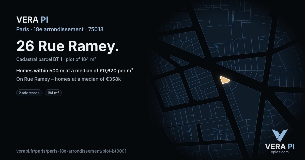 26 Rue Ramey, 18e arrondissement at night – the plot lit, the parcels around coloured by the prices near them