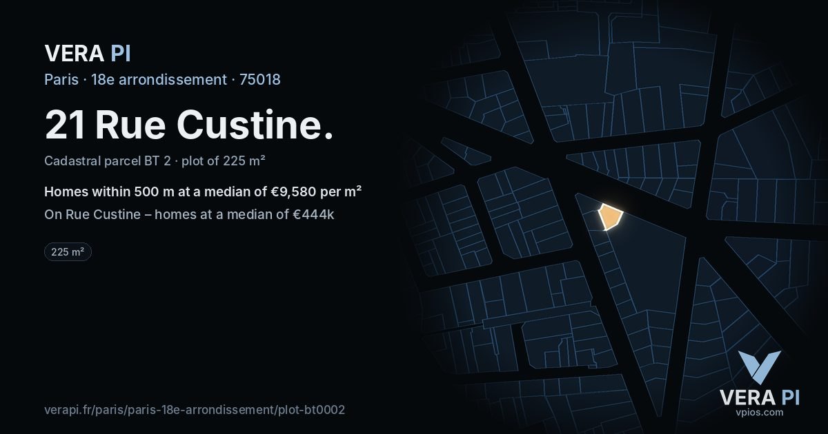 21 Rue Custine, 18e arrondissement at night – the plot lit, the parcels around coloured by the prices near them
