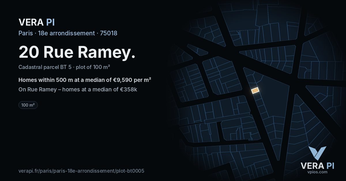 20 Rue Ramey, 18e arrondissement at night – the plot lit, the parcels around coloured by the prices near them