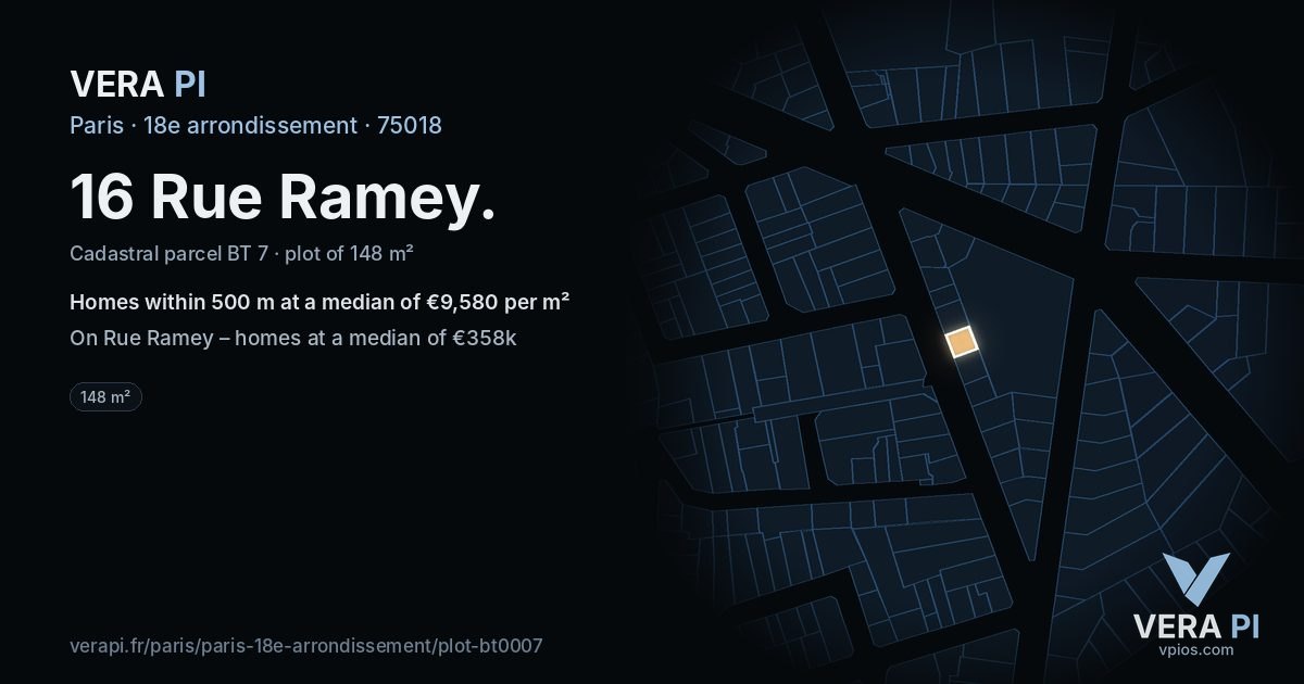 16 Rue Ramey, 18e arrondissement at night – the plot lit, the parcels around coloured by the prices near them