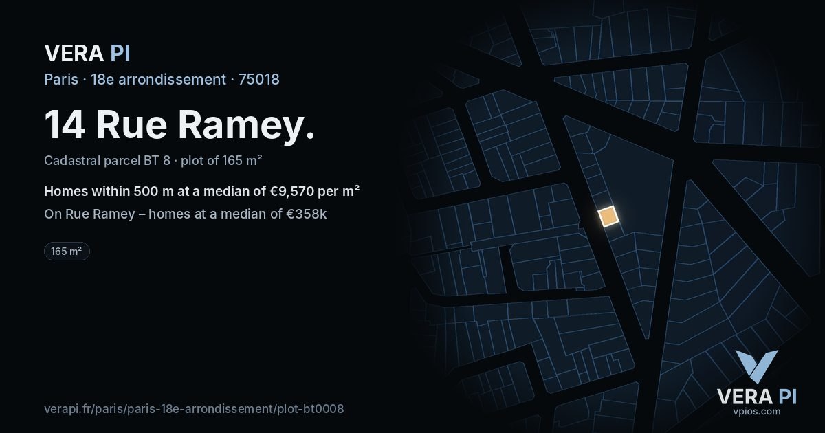 14 Rue Ramey, 18e arrondissement at night – the plot lit, the parcels around coloured by the prices near them